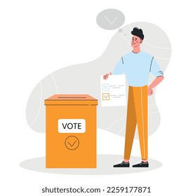Man voting concept. Young guy near ballot box for collecting votes. Democracy and elections, presidential candidates and referendum. Election campaign and day. Cartoon flat vector illustration