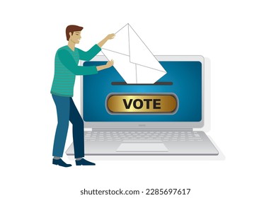 Man voting on laptop. Sending his opinion. Isolated. Vector illustration.