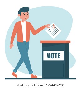 Hombre votando por un vector presidente aislado. Carácter masculino parado en la casilla de votación y realizando votación.