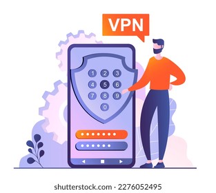 Man with VPN concept. Young guy on smartphone uses service to bypass blocking. Internet security and virtual private network, character trying to hides location. Cartoon flat vector illustration