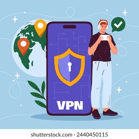 Hombre con concepto de VPN. Joven con auriculares con smartphone. Seguridad de la información personal. Protección en Internet. Ilustración de vector plano de dibujos animados aislado sobre fondo azul