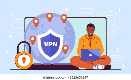Man with VPN. Young guy holding laptop with lock. Virtual private protocol. Wireless internet connection. Safety and security. Flat vector illustration isolated on violet background