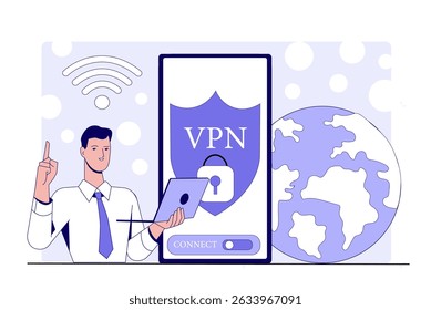 Man with VPN. Young guy with laptop near smartphone with shield. Virtual private network. Global safety and security on internet. Virus protection. Linear vector illustration