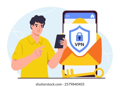 Man with vpn. Young guy with mobile application for smartphone. Virtual private network. Internet safety and security. Personal data protection and bypass blocking. Flat vector illustration
