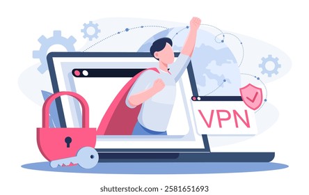 Man with vpn. Young guy in superhero cape on laptop screen. Virtual private network. Internet security and personal data protection, bypassing blocks, accessing content. Flat vector illustration