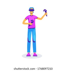 Man with VR controllers flat color vector faceless character. Male gamer stand with headset. Virtual reality experience isolated cartoon illustration for web graphic design and animation