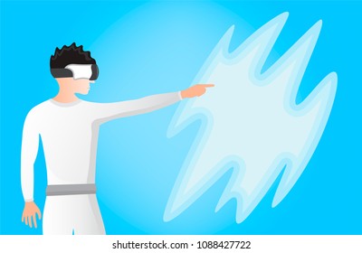 Man in a VR glasses 3d virtual and touching vr cloud. Vector illustration