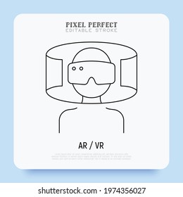 Man In VR Glasses, Augmented Reality, Cyber Space. Thin Line Icon. Pixel Perfect, Editable Stroke. Vector Illustration.