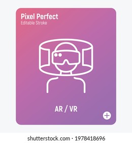 Man in VR glasses, augmented reality, cyber space. Thin line icon. Pixel perfect, editable stroke. Vector illustration.