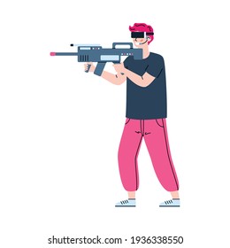 Man in vr glasses with blaster play in simulation of war game in virtual reality