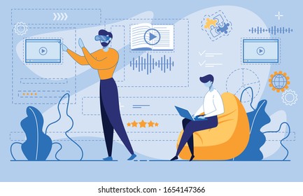 Man in VR Glasses Enter Online Account for Data Management and Studying. Guy Using Laptop for Watching Video Tutorial. E-Learning via Internet, Virtual Reality Account Cartoon Flat Vector Illustration