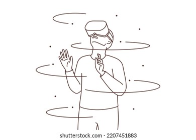 Man in VR glasses explore new technological surroundings. Male in virtual reality headset enjoy digital universe in modern gadget. Vector illustration. 
