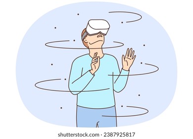 Man in VR glasses explore new technological surroundings. Male in virtual reality headset enjoy digital universe in modern gadget. Vector illustration.