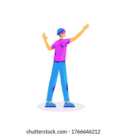 Man in VR glasses flat color vector faceless character. Innovative technology headset. Virtual reality experience isolated cartoon illustration for web graphic design and animation