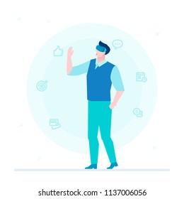 Man in VR glasses - flat design style colorful illustration on white background. High quality composition with a boy wearing virtual reality headset choosing the options. Modern technology concept