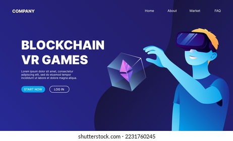 A man in VR glasses found a box with cryptocurrency. Blockchain VR Games. P2E Crypto Games Landing Page Concept. Vector illustration