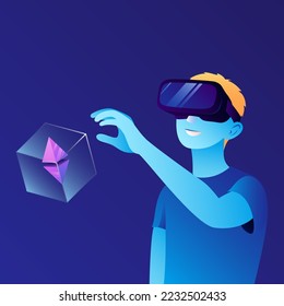 A man in VR glasses found a box with cryptocurrency. Blockchain VR Games. P2E Crypto Games Illustration. Vector illustration