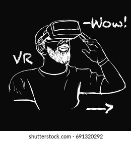 Man in vr glasses. High technology device. Hand drawn vector stock illustration. Chalk board drawing.