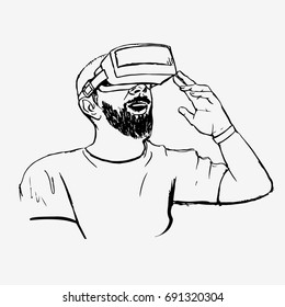 Man in vr glasses. High technology device. Hand drawn vector stock illustration. Black and white whiteboard drawing.