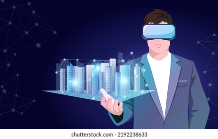 Hombre con gafas vr sostiene en mano un holograma de edificios de paisajes urbanos, centro, rascacielos. Skyline de oficina de concepto aumentada, tecnología digital de la red de negocios de la ciudad virtual realidad. Vector