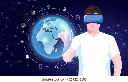 Man in vr glasses with hologram of globe earth. Augmented concept virtual reality world from space. Digital technology global network metaverse. Blockchain crypto cyber universe. Vector