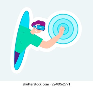 Man in VR glasses interacts in virtual gaming metaverse. Vector illustration in cartoon sticker design