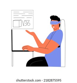 Un hombre con vasos vr en una laptop. El concepto de realidad aumentada. Ilustración vectorial en un estilo plano.