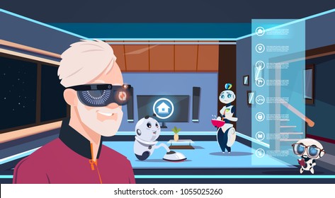 Man In Vr Glasses Looking At Group Of Robots Housekeepers Cleaning Living Room