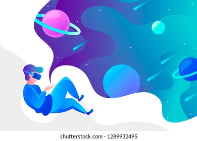 man in VR glasses looks at space. vector illustration.