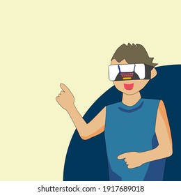 A man in vr glasses, playing video games with virtual reality headset, trying to point something 