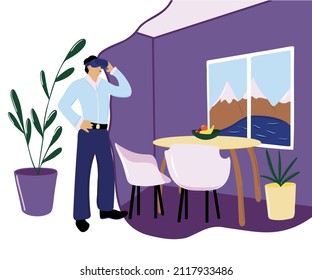 Man In VR Glasses. Property Virtual Reality Simulation. Real Estate Virtual Tour, VR Virtual House Tour, Virtual Tours Creating Services Concept. Vector Isolated Illustration