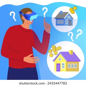 Hombre con gafas de realidad virtual. Simulación de realidad virtual de propiedad. Comprar una casa nueva. Ahorra tu dinero. Tours virtuales inmobiliarios creando concepto de servicios. Vector  ilustración