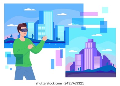 Man in VR glasses testing application vector illustration. Different cityscapes. Virtual reality experience concept
