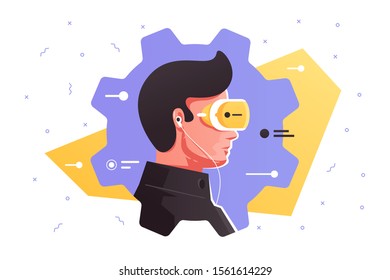 Man in VR glasses vector illustration. Guy wearing modern virtual reality eyeglasses flat style design. Computer-generated simulation of three-dimensional image concept