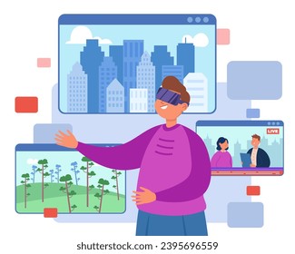 Hombre en la ilustración vectorial de gafas VR. Hombre transportando de ciudad a naturaleza con tecnología de AR. Realidad virtual, realidad aumentada, concepto de integración