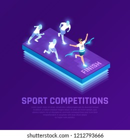 Man in vr glasses and virtual athletes during sport running competition isometric composition purple background vector illustration