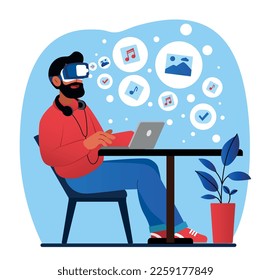 Man in VR glasses. Virtual reality, modern technologies and innovations. Digital world and cyberspace. Entertainment and interesting content. Young guy in headset. Cartoon flat vector illustration