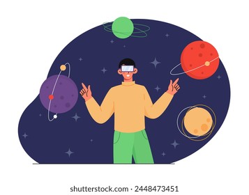 Man in VR glasses. Young guy in virtual reality look at cosmos with planets. Imagination and fantasy. Metaverse and cyberspace. Cartoon flat vector illustration isolated on white background