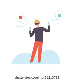 Man in VR Goggle Headset Playing Games, Modern Virtual Technologies, Innovative Gadget Vector Illustration