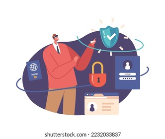 Man in Vr Goggles Use AR Dashboard. Character Work with Data in Cyberspace. Digital Services and Cyber Safety Concept. Artificial Intelligence Technologies. Cartoon People Vector Illustration