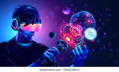 Man in VR headset or 3d glasses of virtual reality looks and interacts with holographic interface of VR or AR simulation. Guy playing in computer video games in VR space with controller in hand.