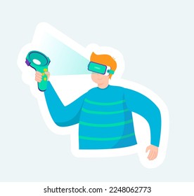 Man in VR headset with controller in metaverse virtual reality. Vector illustration in cartoon sticker design