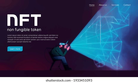 Man with VR headset. Cryptoart concept illustration for non-fungible token. Digital art with blockchain technology. Can use for web banner, infographic vector illustration concept web design