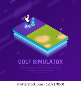 Man In Vr Headset During Training On Golf Simulator Isometric Composition On Purple Background Vector Illustration