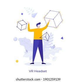 Hombre con auriculares VR explorando el ciberespacio con formas 3d. Concepto de realidad virtual o aumentada, dispositivo montado en la cabeza para simulación visual, experiencia interactiva. Ilustración vectorial plana moderna.