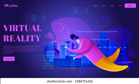 Man in VR headset is flying in virtual reality world. Futuristic neon city. Vector illustration. VR landing page concept. Web site header template. Vector illustration