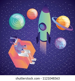 man with vr headset galaxy rocket planets game