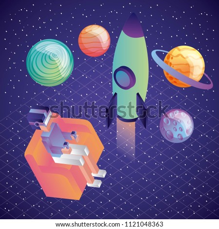man with vr headset galaxy rocket planets game