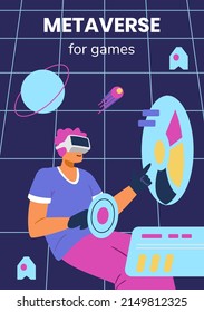 Man in VR headset and gloves flying in metaverse. Gaming in virtual reality concept.