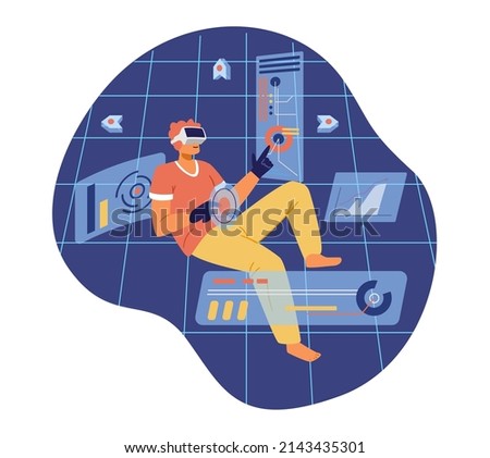Man in VR headset and gloves flying in metaverse. Dealing with statistics and data in virtual reality concept.
